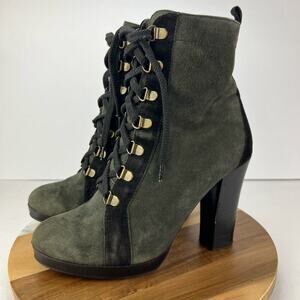Colin Stuart Black Green Leather Suede Lace Up Steampunk Boots 8.5 Chunky Heel